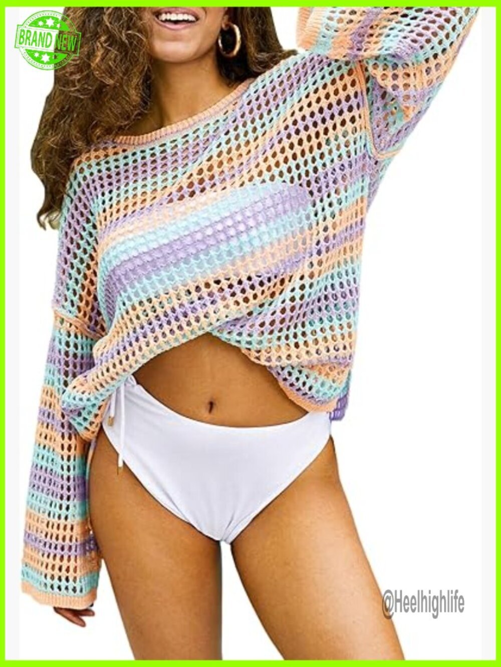 Crochet Long Sleeve Beach Coverup Top, Striped, Medium, Polyester